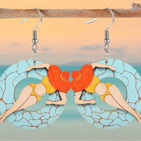 Acrylic Bikini Babe on Pool Floatie Dangle Earrings Ring Float Beach Swim Suntan - Picture 5 of 6